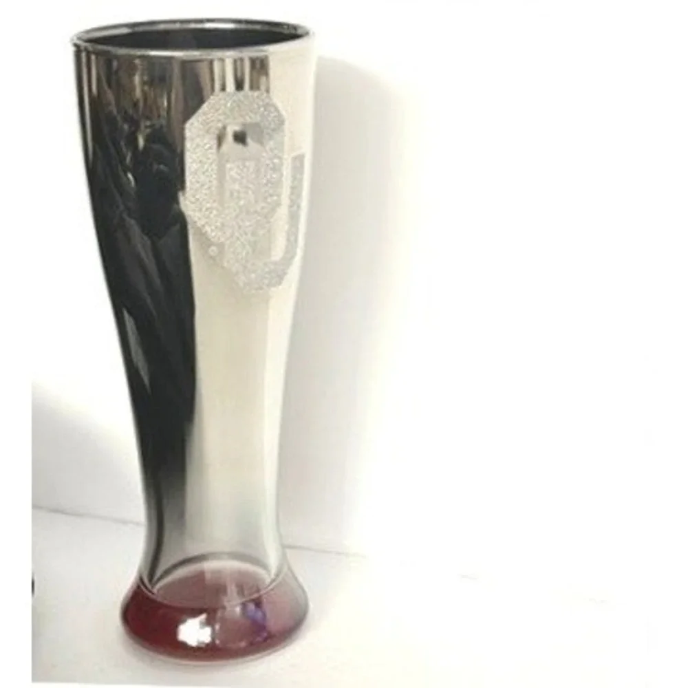 Oklahoma Sooners Silver MIRROR Logo Pilsner‎ Glass Crimson STICKERS gift beer